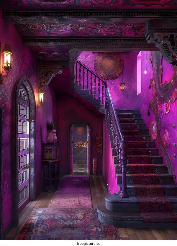 A staircase with a purple carpet and intricate woodwork.