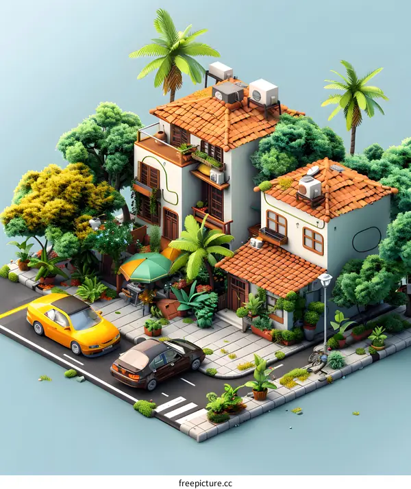 isometric city street with shops and cars