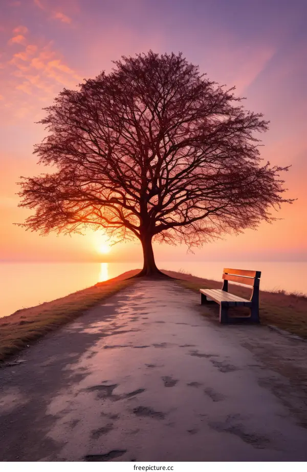 Lonely tree on a hill at sunset with a bench in front of it