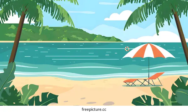 Tropical Beach with Palm Trees and Beach Chair