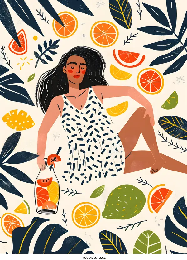 Woman Relaxing in a Tropical Paradise with Citrus Fruit