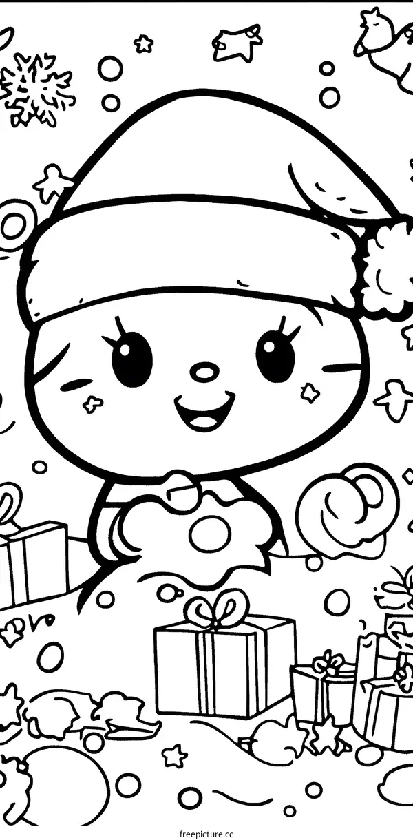 Cute Cartoon Character Wearing Santa Hat and Holding Presents