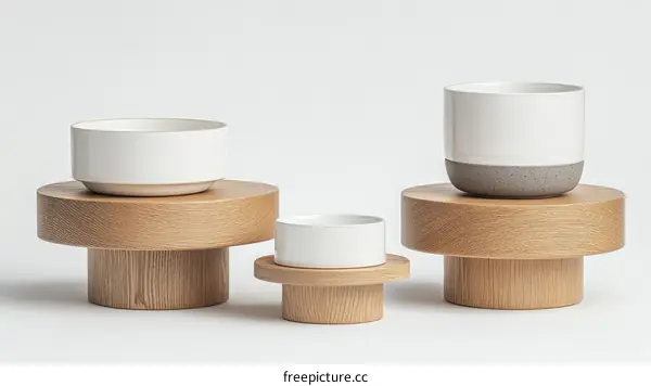 Modern Ceramic Bowls and Pots on Wooden Stands