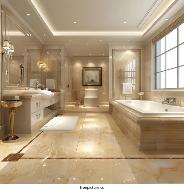 European style bathroom interior with marble tiles, golden bathtub and big mirror