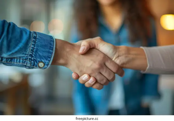 Business handshake. Businessman and businesswoman shaking hands in office