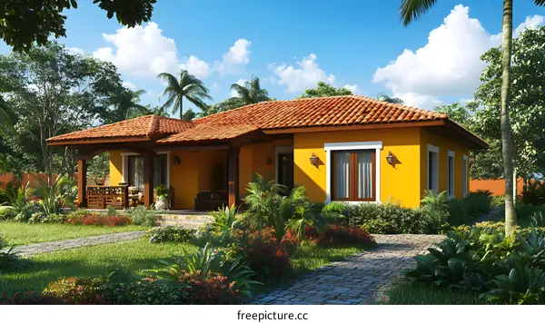 Tropical Villa with Yellow Walls and Red Tile Roof