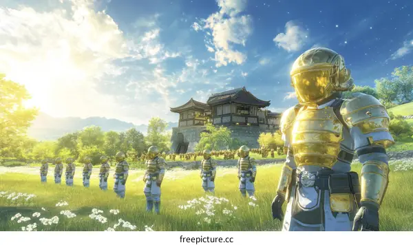 Golden Armored Soldiers Guarding a Japanese-Style Temple
