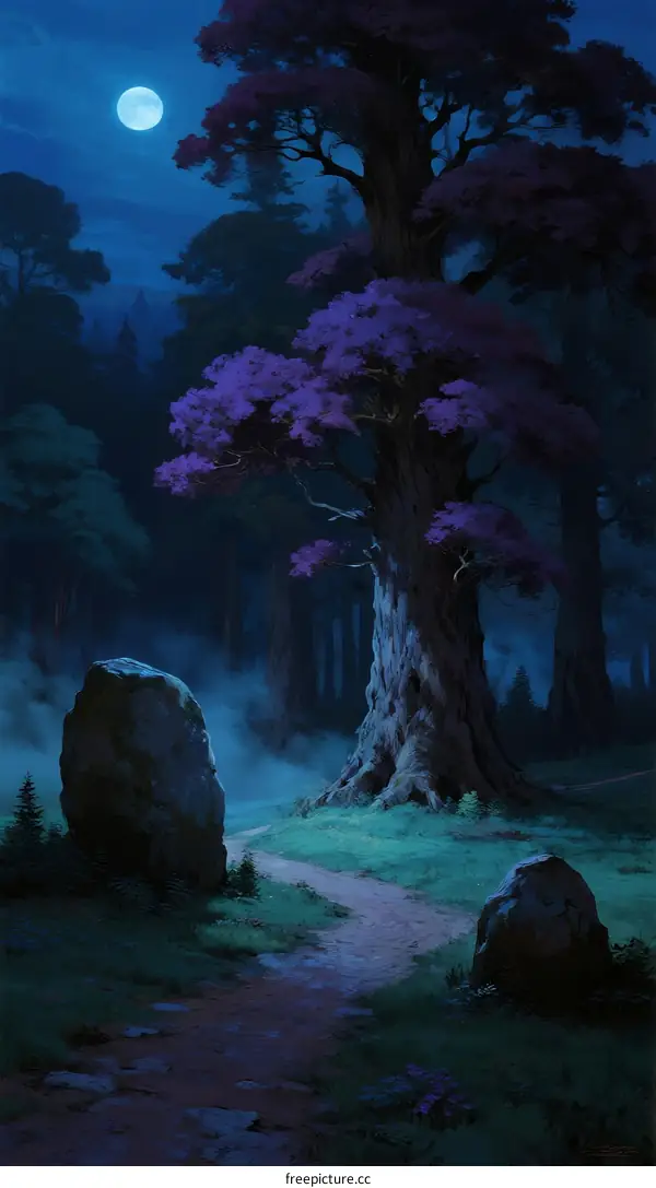 Mysterious Night Forest with Enchanted Tree and Full Moon