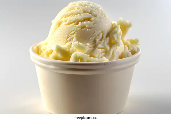 A close-up image of a vanilla ice cream scoop in a white cup