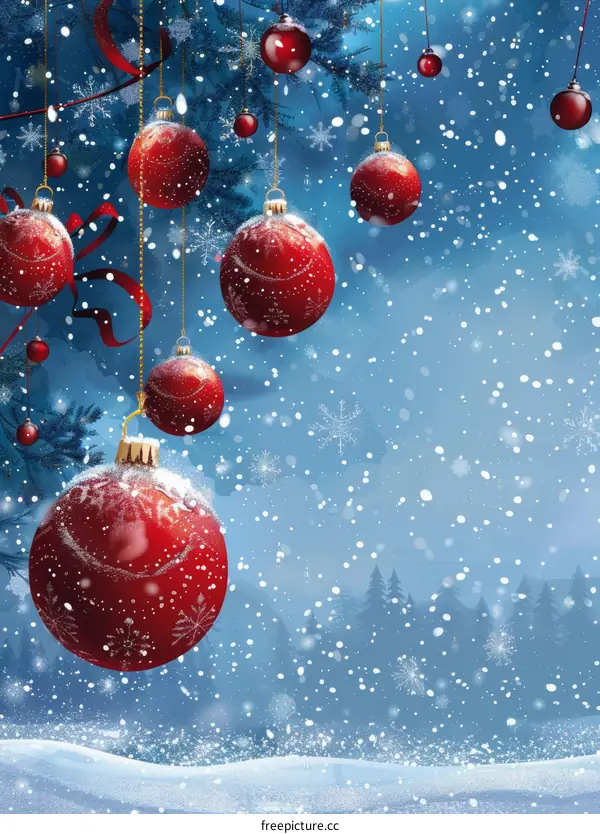 Christmas ornaments hanging from snow covered pine branches against a snowy blue background