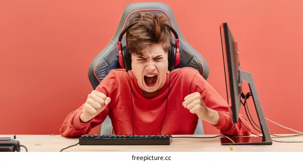 Young gamer celebrating victory while playing video games on his computer