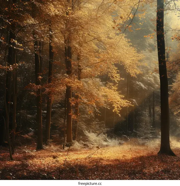 The sun shines through the trees in the autumn forest