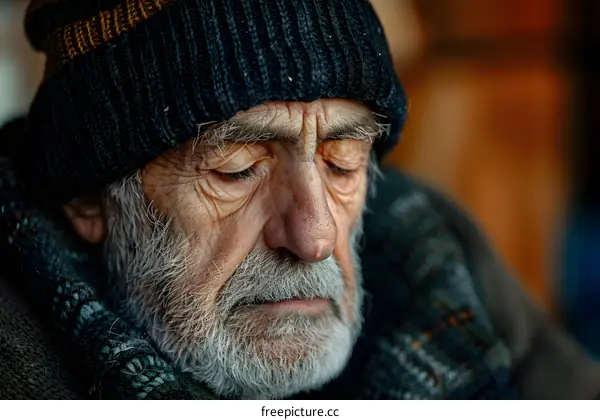 Portrait of an old man with a beard wearing a black beanie