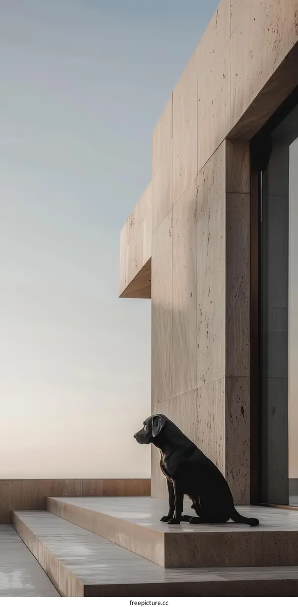 A black dog sits on the terrace of a modern house