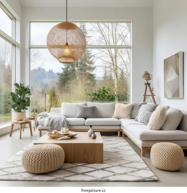 Bright airy living room with large windows and comfortable seating