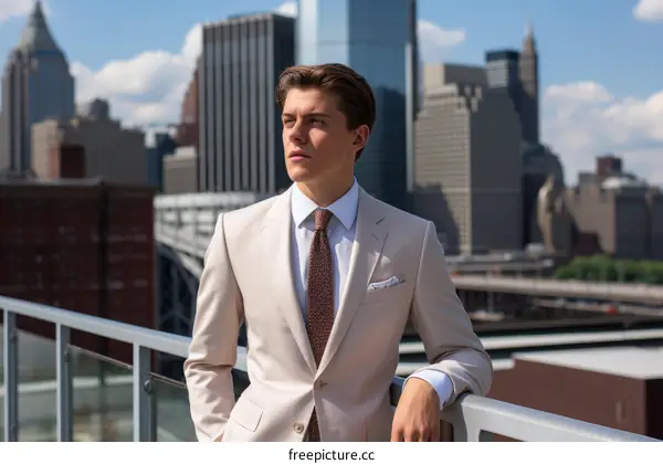 A young man in a suit is standing on a rooftop in New York City, looking out at the view.