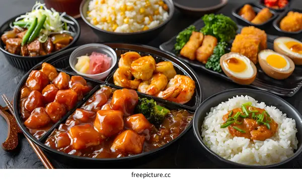 A variety of Japanese dishes are served in black containers on a black table.