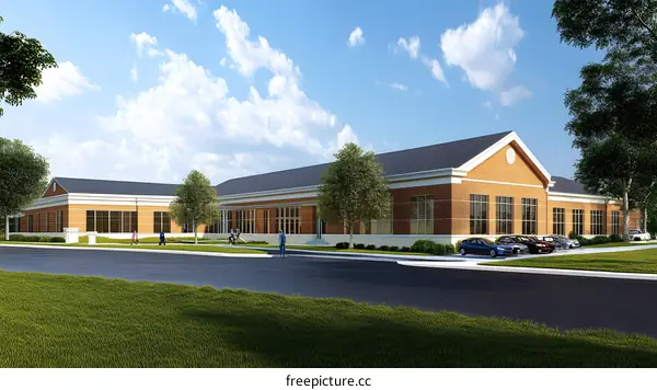 Modern Brick Building with Grass and Cars