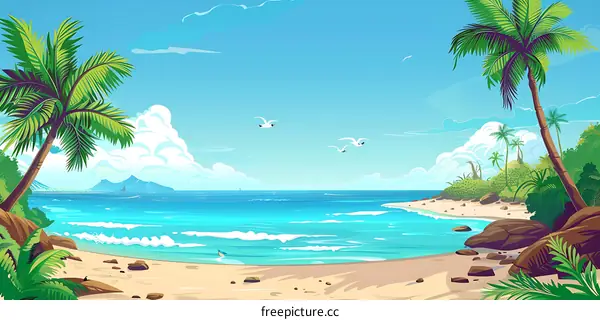 Tropical Beach With Palm Trees And Seagulls