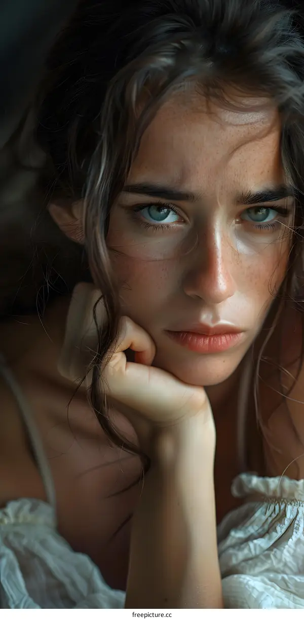 Portrait of a beautiful young woman with freckles and green eyes