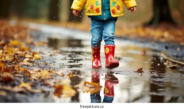 Little girl in red boots jumping in muddy puddle
