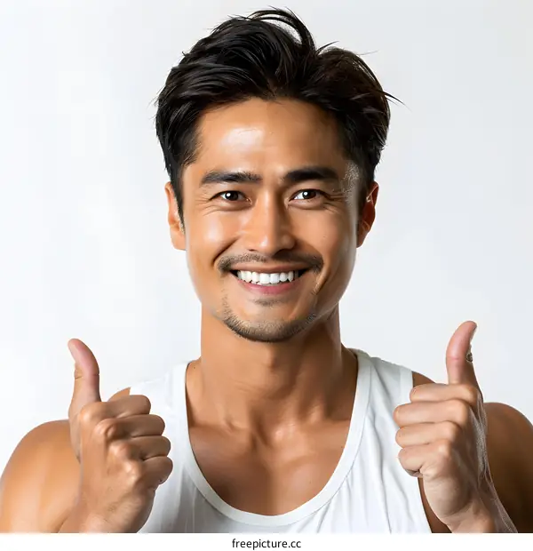 Smiling Asian Man Giving Two Thumbs Up