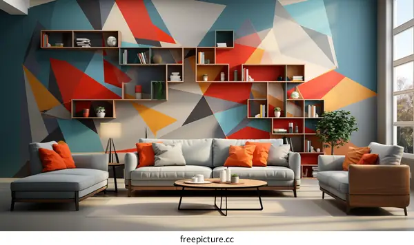Modern living room interior with colorful geometric wall mural