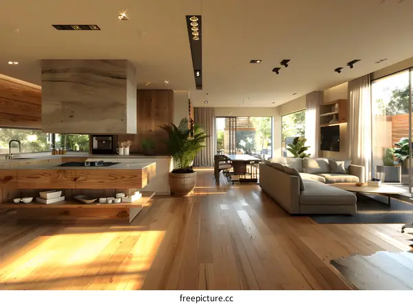 Modern open plan living room and kitchen