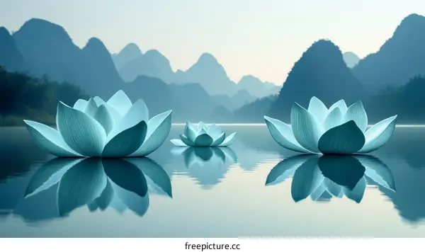 Peaceful Lotus Flowers in a Serene Mountain Landscape