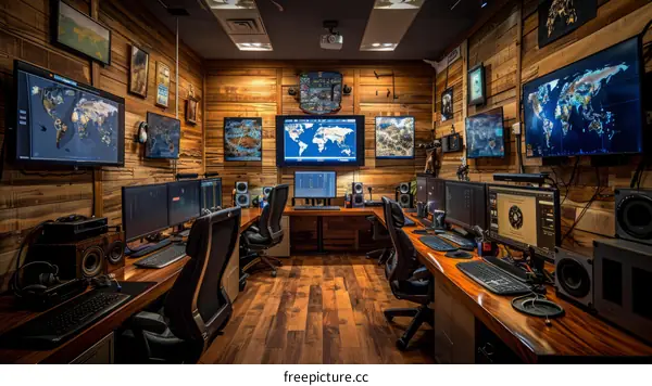 Modern Office Interior with Wooden Walls and Workstations