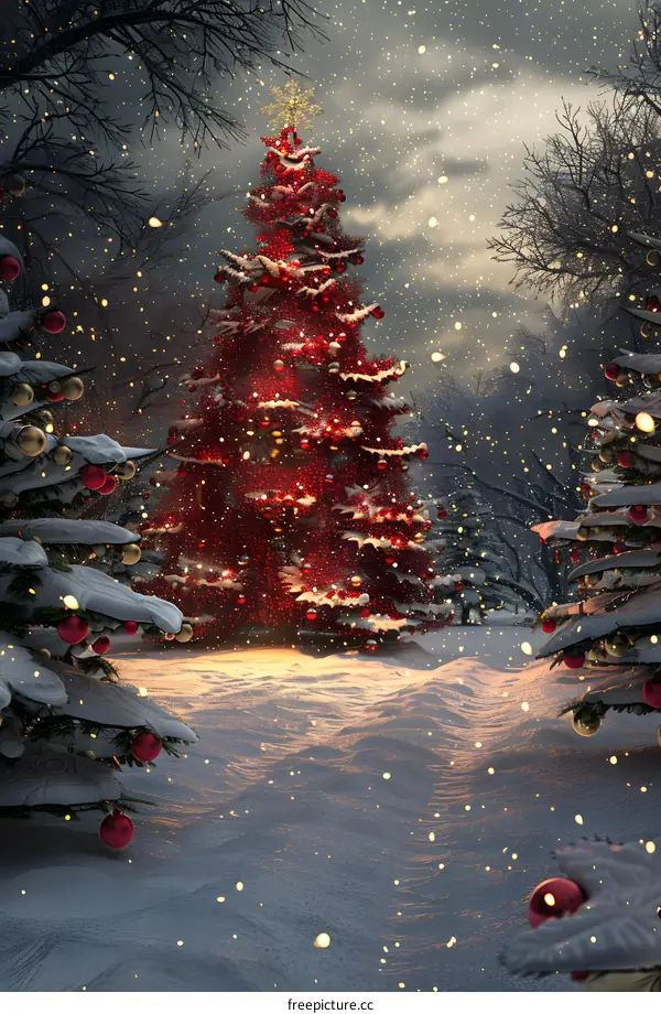 Red Christmas tree in a snowy forest
