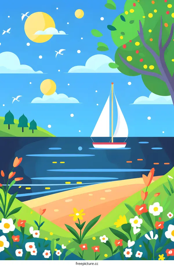 Summer Landscape with Sailboat and Flowers