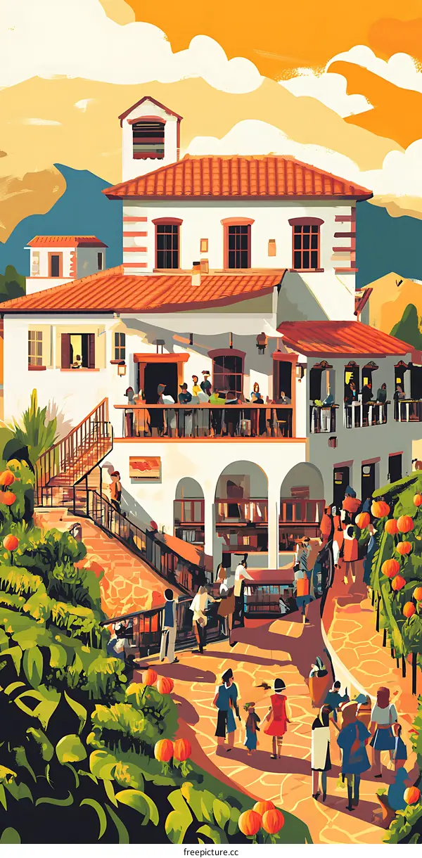 Mediterranean Style Building With People On The Balcony And In Front Of The Building