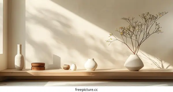 A wooden shelf with a vase and other objects on it.