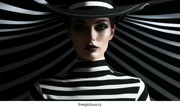 Black and white portrait of a woman wearing a hat with stripes
