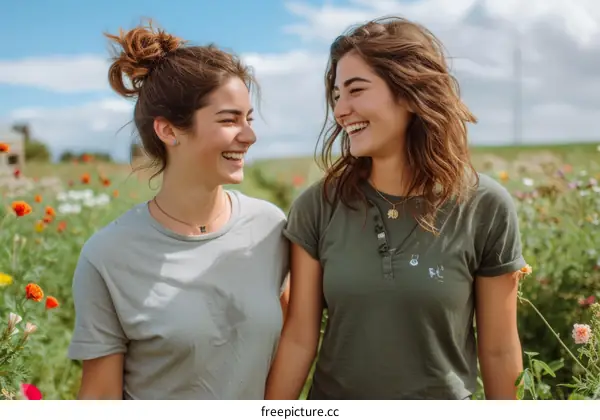 Two young women standing in a field of flowers, smiling at each other