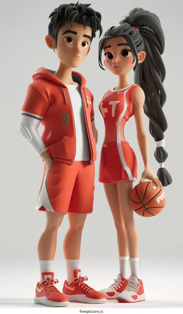 Illustration of a young man and woman in basketball uniforms