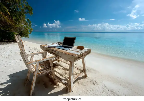 Beachside Workspace with Laptop