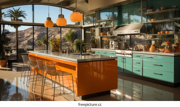 Modern kitchen with orange island and blue cabinets