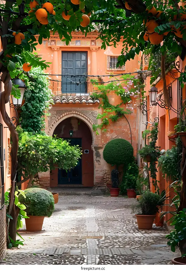 Orange Trees in Courtyard with Stone Path