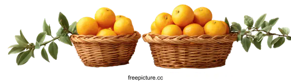 [Transparent Background PNG]Fresh Oranges in Wicker Baskets with Greenery