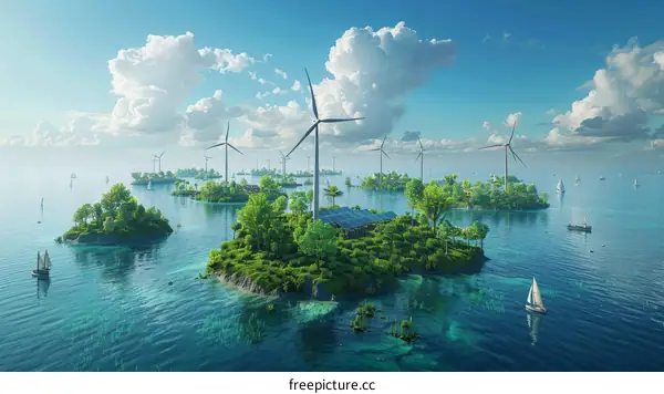 A group of wind turbines in the ocean near small tropical islands with palm trees and sailboats passing by