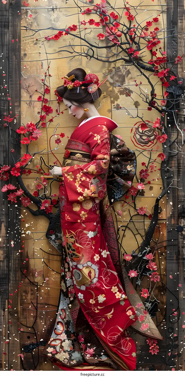 A woman wearing a red kimono stands in a field of red flowers.
