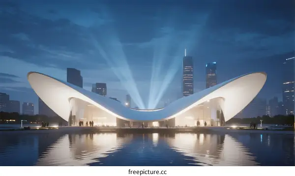 Modern Architectural Masterpiece with Water Reflection at Night