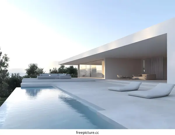 Modern Minimalist Poolside Design with White Furniture and Overlooking View