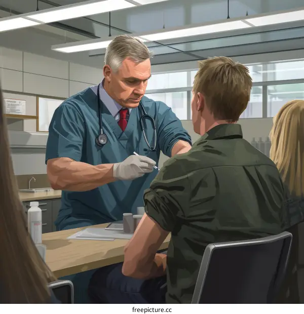 Doctor giving a patient a shot in the arm while a nurse looks on