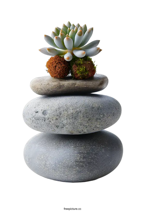 [Transparent Background PNG]Stacked Stones with Succulent Plant
