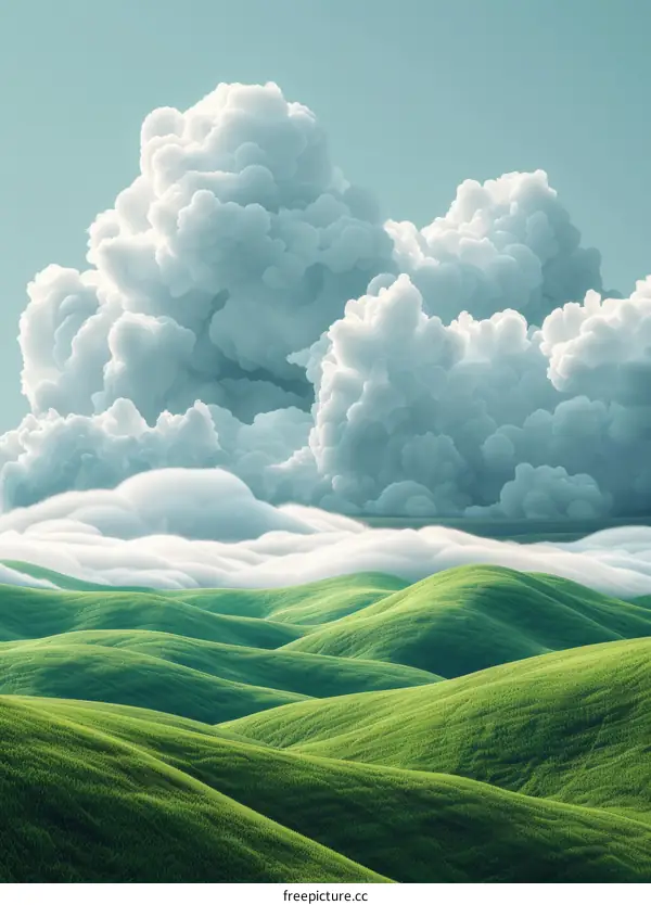 Rolling Verdant Hills and Cerulean Sky with White Clouds