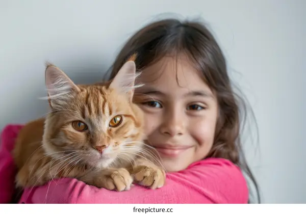 Little girl hugging a ginger cat