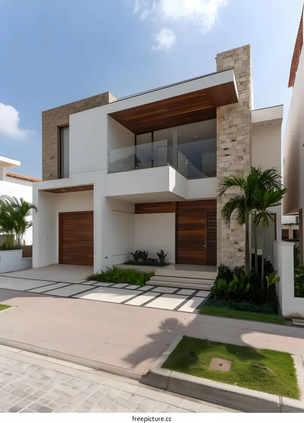 Modern Minimalist House Exterior Design With Stone Walls and Wooden Accents